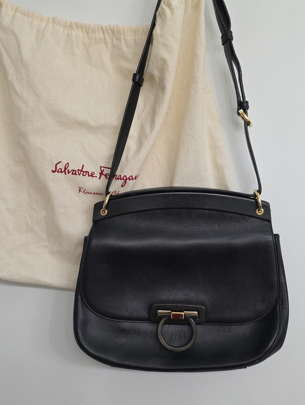 Salvatore Ferragamo Black Leather Shoulder Bag with Gold Hardware